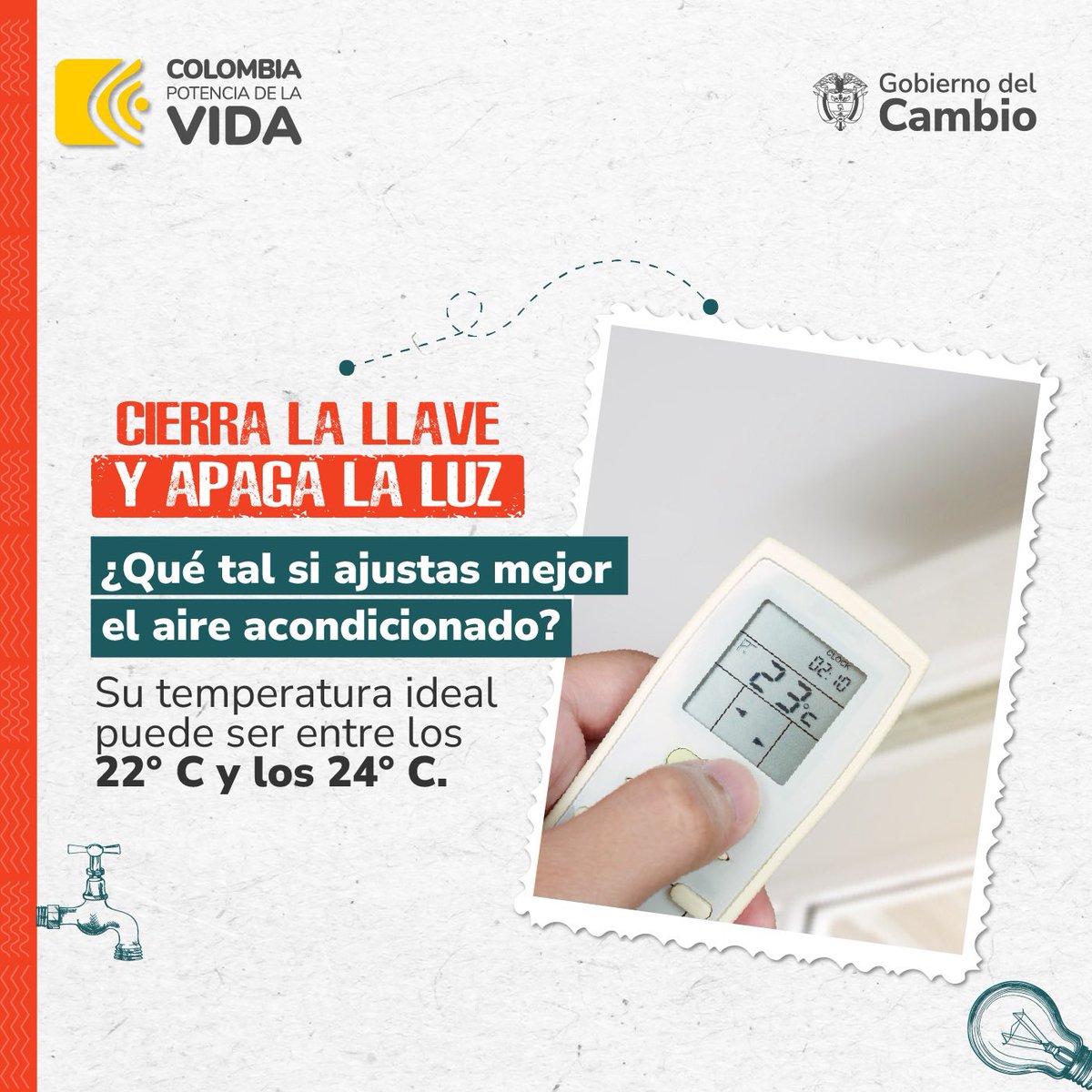 MinAmbienteCo's tweet photo. ¡Ajusta la temperatura del aire acondicionado y no lo dejes prendido!🌡️

Para ahorrar el consumo de energía con el uso de aire acondicionado, se recomienda mantener la temperatura entre 22°C y los 24°C. No solo ahorrarás energía, también dinero en la factura de electricidad.

#CierraLaLlaveYApagaLaLuz