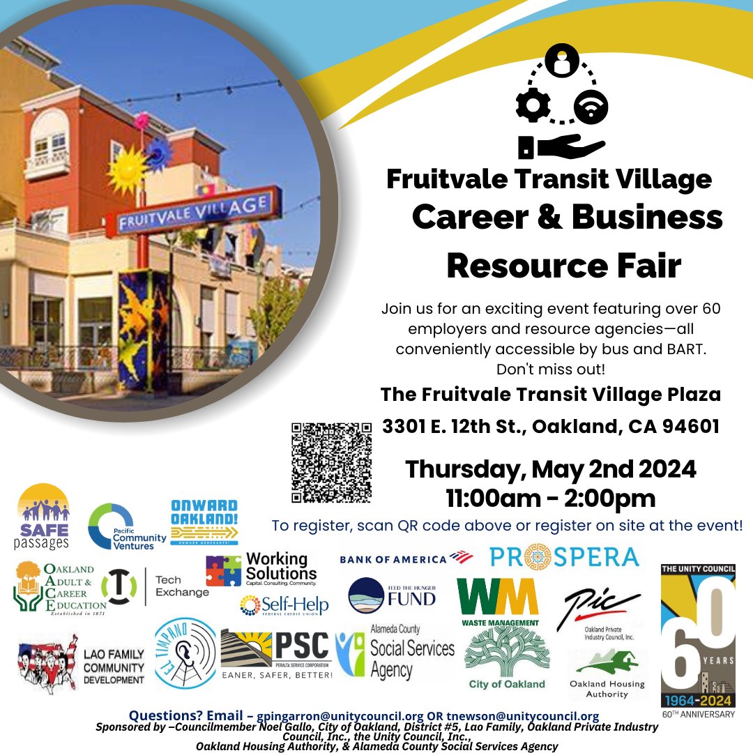 Attend the Career and Business Resource Fair at Fruitvale Transit Village on May 2nd. Over 60 agencies will be available to answer questions and provide job opportunities. Attendance is free but registration is highly recommended so scan the code now. #workforce #job #resource