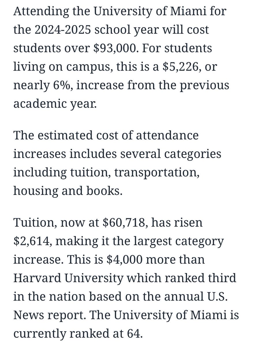 Miami Herald: More expensive than Havard, University of Miami hikes tuition by $5,000; students to pay $93,000 next year. Here’s why many students are being pushed into lower cost trade schools. MH: miamiherald.com/news/local/edu…