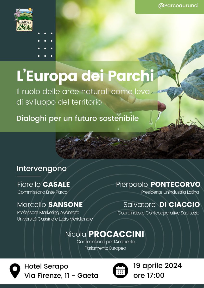 #ParcoAurunci: Dialogo per un futuro sostenibile ⛰️🇮🇹
Vi aspettiamo venerdì 19 aprile alle 17:00 a Gaeta per un evento dedicato al ruolo dei parchi per lo sviluppo sostenibile.

Interverranno esperti e istituzioni <a href="/NProcaccini/">Nicola Procaccini</a>

#ParcoAurunci #EuropaDeiParchi #Gaeta #Eventi