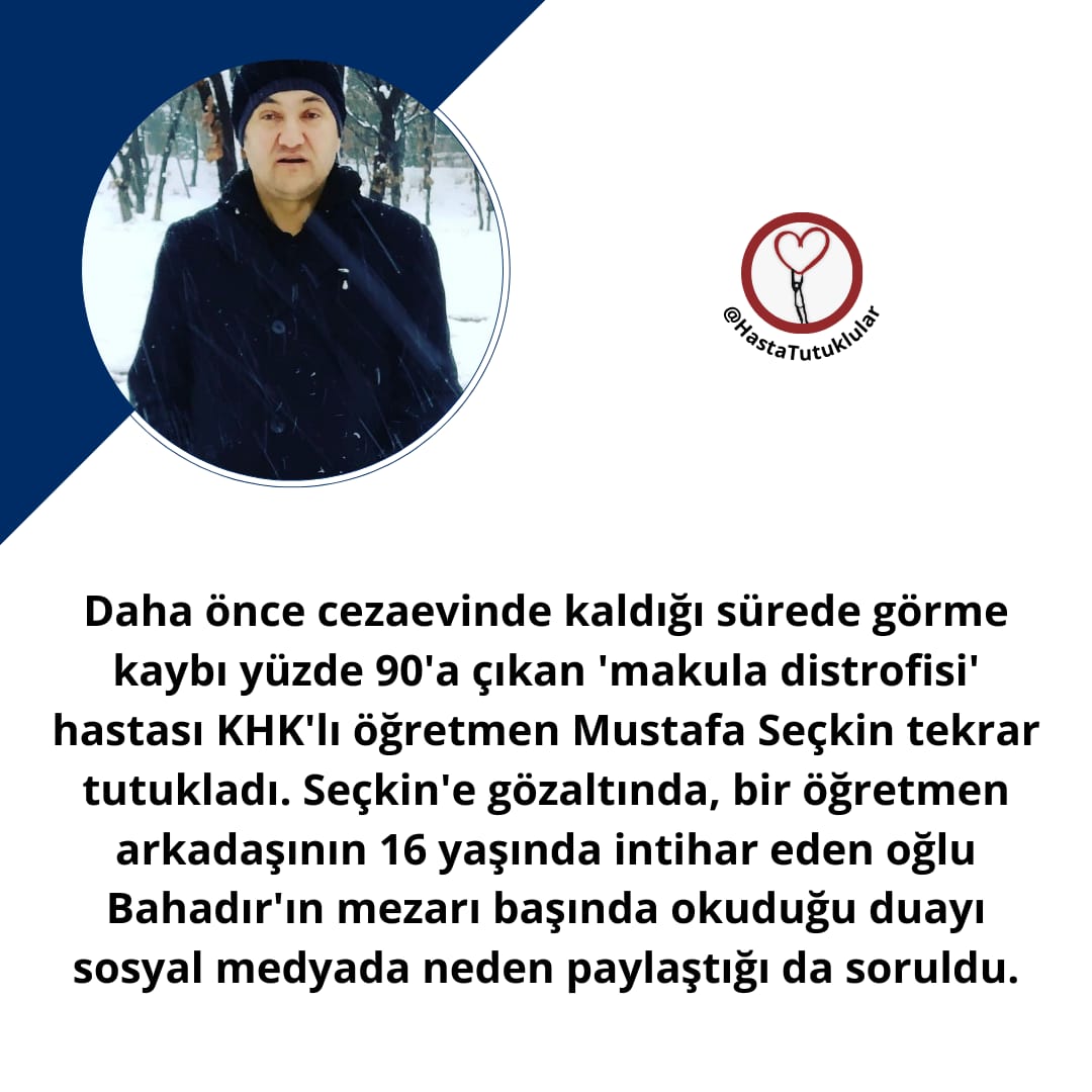 DUA PAYLAŞMAK SUÇ DEĞİL Tutuklanan %90 görme engelli Mustafa Seçkin'e gözaltında, bir öğretmen arkadaşının 16 yaşında intihar eden oğlu Bahadır'ın mezarı başında okuduğu duayı sosyal medyada neden paylaştığı soruldu. @nibenka Uraz Kaygılaroğlu Hamas MustafaSeçkine Tahliye