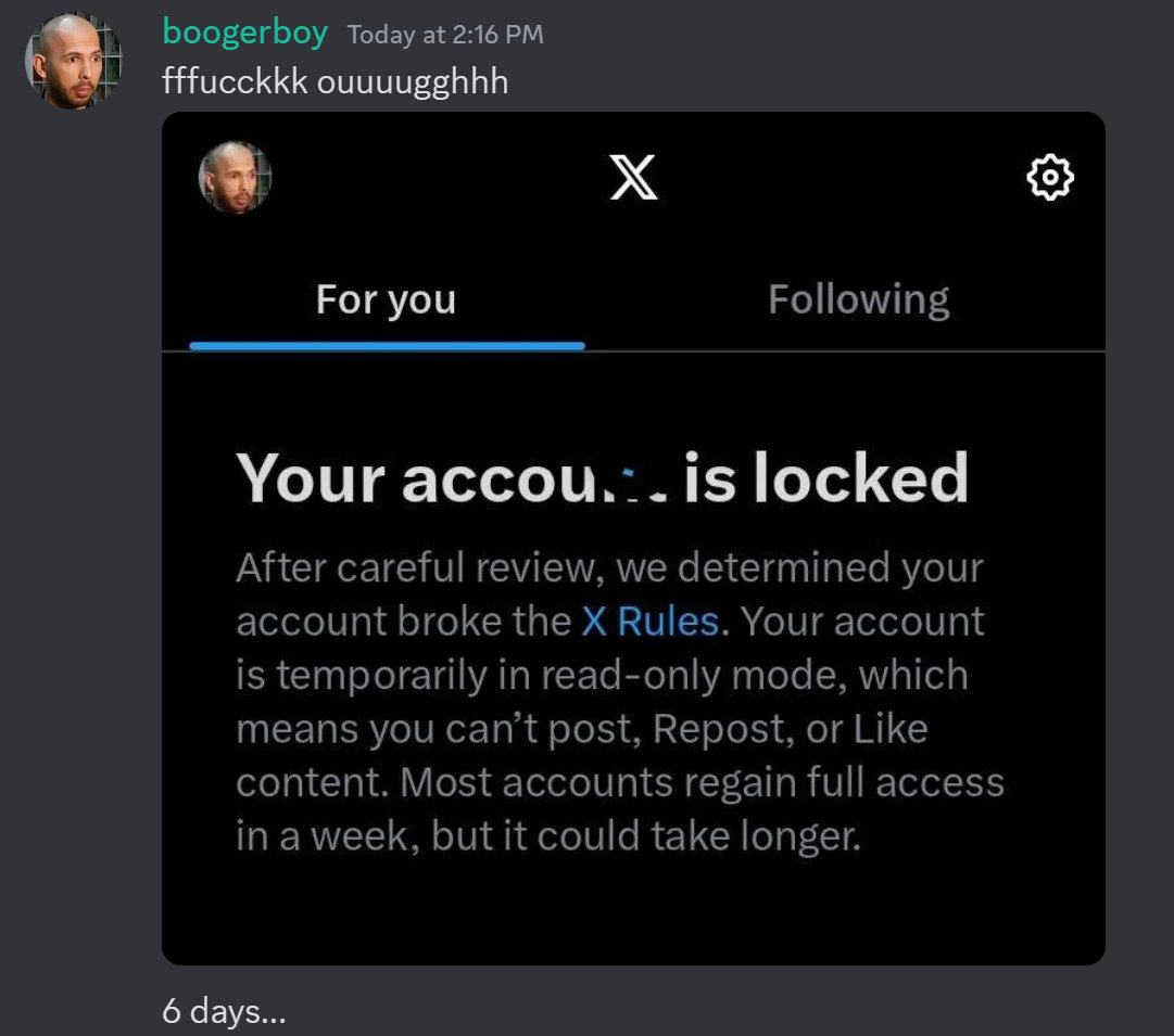 i regert to inform you all that @grappodango boogerboy has been locked for 6 days...