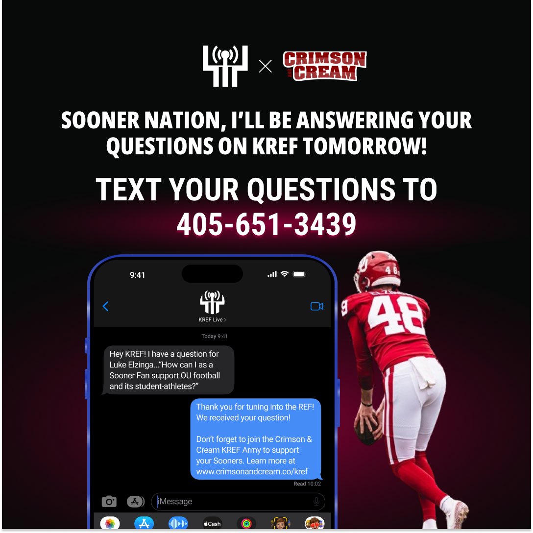 Luke Elzinga (@elzingaluke) on Twitter photo Sooner Nation! I’ll be a guest on <a href="/KREFSports/">The REF</a> tomorrow with <a href="/PlankShow/">Chris Plank</a>!
Be sure to tune in to 99.3FM/1400AM at 10:00 AM CST! 🏈
If you like what you hear, join the <a href="/CrimsonCreamNIL/">Crimson & Cream</a> KREF Army! bit.ly/3W3rNmT Sooner Nation! I’ll be a guest on <a href="/KREFSports/">The REF</a> tomorrow with <a href="/PlankShow/">Chris Plank</a>!
Be sure to tune in to 99.3FM/1400AM at 10:00 AM CST! 🏈
If you like what you hear, join the <a href="/CrimsonCreamNIL/">Crimson & Cream</a> KREF Army! bit.ly/3W3rNmT