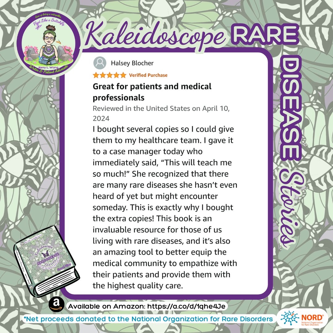 The reviews are in! Here's what 1 reader had to say. Have YOU gotten a copy of Kaleidoscope #RareDisease Stories? Please post a review on Amazon or Goodreads. Not yet? Order on Amazon sites worldwide. Proceeds donated to NORD. ~🦋 #KaleidoscopeRare #PatientStories #ZebraStrong🦓