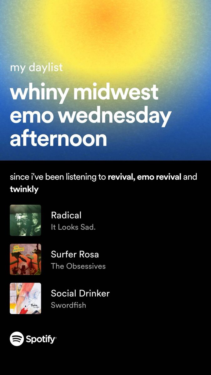 glad that my brand for the afternoon is 'whiny midwest emo' open.spotify.com/playlist/37i9d…