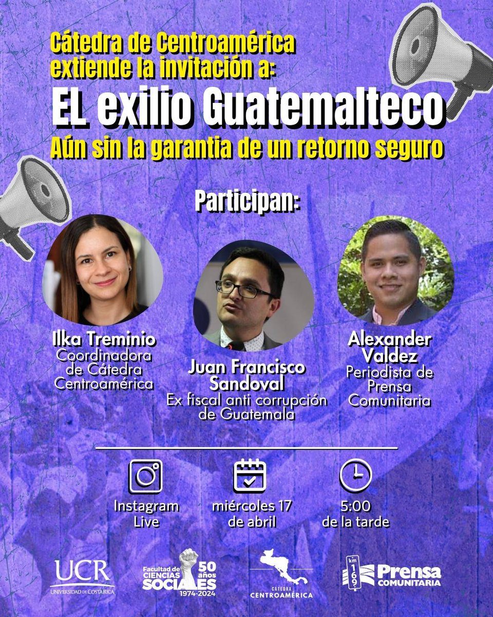 #Exilio ⚠️📢 Sigue hoy la cátedra sobre el exilio guatemalteco desde la Universidad de Costa Rica @UniversidadCR El periodista de @PrensaComunitar, Alexander Valdéz @J_AlexValdez, participará junto a @ilka_t y @JSandoval1982 en la Cátedra de Centroamérica de la Universidad…