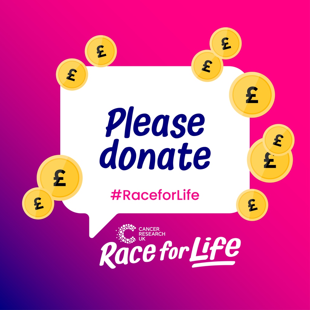 Hi everyone! I've signed up to 2 #RaceForLife events this year, a 5K and a 10K, to try and raise money for Cancer Research. If you're able to donate at all, even a small amount would really help: fundraise.cancerresearchuk.org/page/sonias-ra… 
Thank you 😊