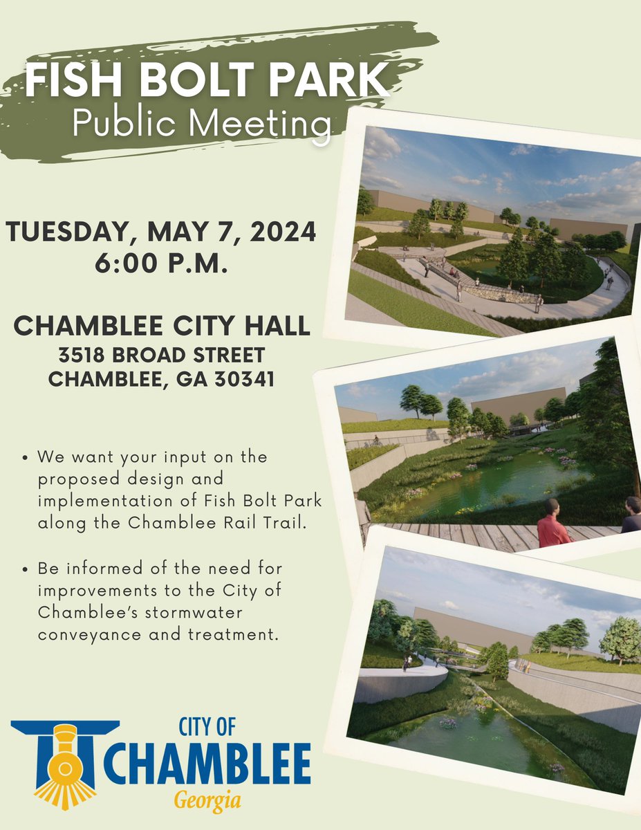 Join us May 7 to give us your input on the proposed design and implementation of Fish Bolt Park along the Chamblee Rail Trail. The Public Meeting will be held on May 7 at 6:00 p.m. at Chamblee City Hall.