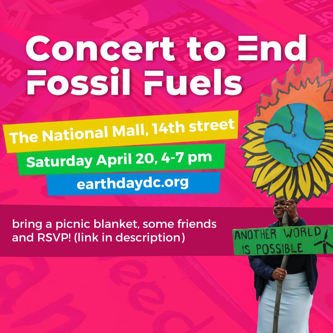 This Saturday April 20 we're coming together for a Concert to #EndFossilFuels from 4-7pm at the National Mall. There'll be live music from local bands and rally speeches including from Juliana v United States youth plaintiffs <a href="/youthvgov/">Our Children's Trust</a>

More info &amp; RSVP: earthdaydc.org/events-1/conce…