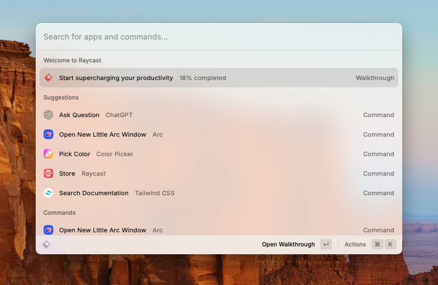 Just discovered <a href="/raycastapp/">Raycast</a> today and I have to say, it’s easily one of the best pieces of software I’ve ever used!

Some of the integrations I’ve tried so far are ChatGPT, Arc, and Tailwind Documentation.
