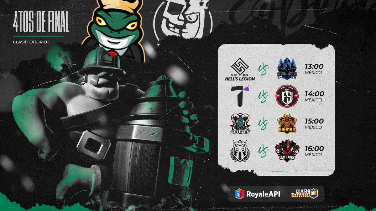 #Clasificatorios1 🟢🟠

Todo listo para conocer a los SEMIFINALISTAS de este primer clasificatorio.

🆚️ Hell's Legion • OP Esports
🆚️ Temptations • French Swat
🆚️ Geitjes • Team Vikings
🆚️ Alianza Real • Outlaws

📡 twitch.tv/christianeln0b 
📡 twitch.tv/by_alexis17