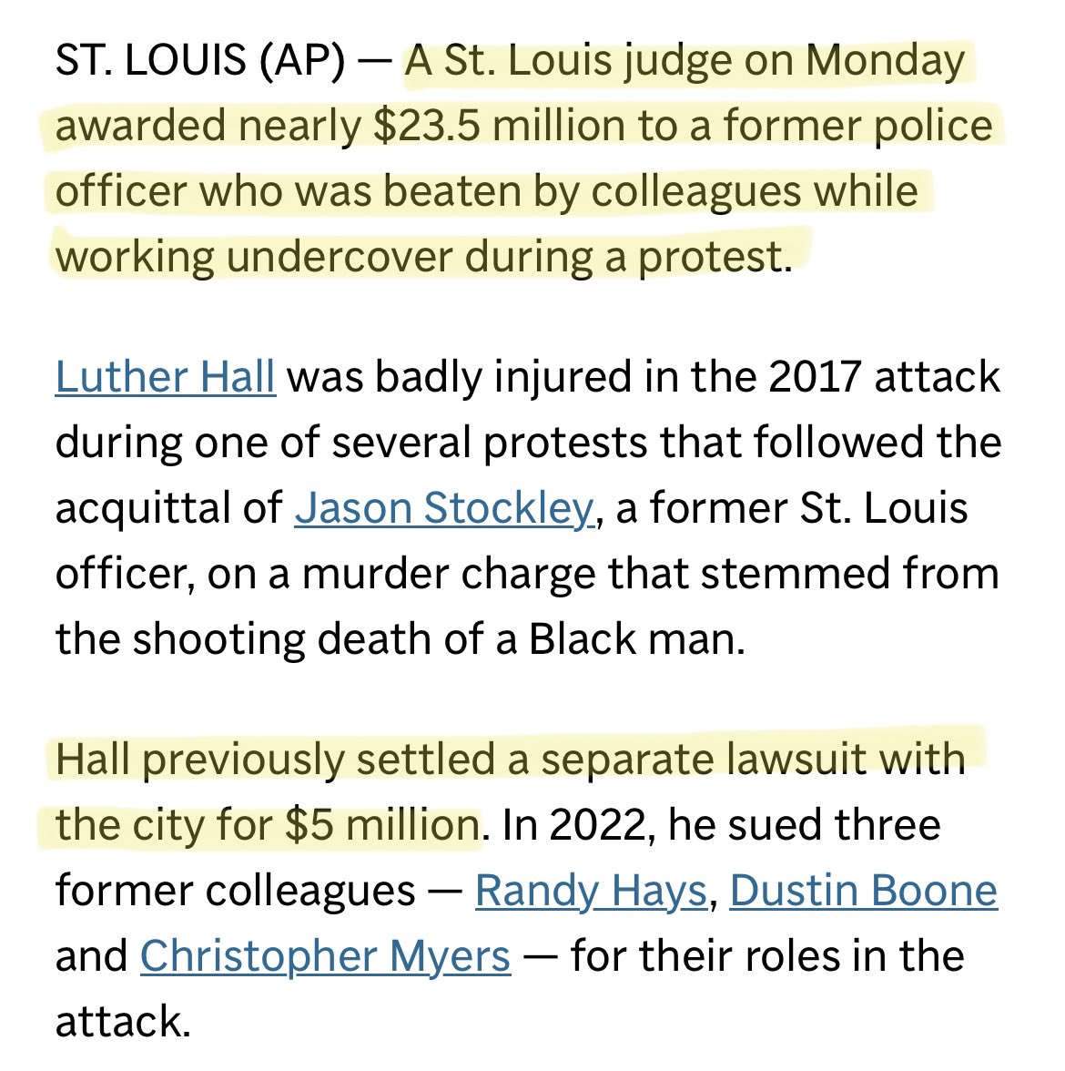 A police officer in Missouri was awarded over $23 million after he was assaulted by his own colleagues while working undercover at a protest. He previously settled another lawsuit with the city of St. Louis for $5 million. apnews.com/article/st-lou…