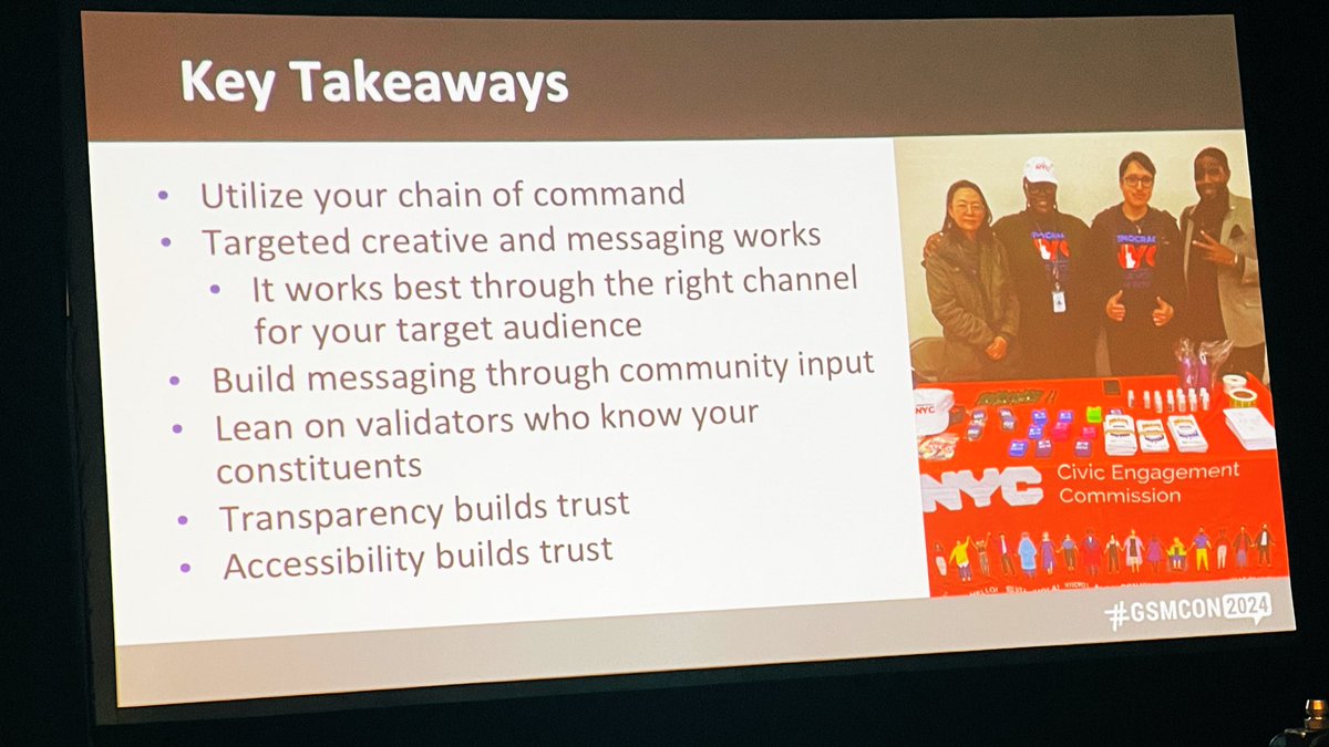 #GSMCON2024 Deep dive into <a href="/NYCCEC/">NYC Civic Engagement Commission</a>’s #inclusive comms plan to encourage people to vote in their Participatory Budget. Thanks for sharing your strategy &amp; tactics to reach #NYC’s 8.9M people, who speak 700+ languages &amp; have varying access to tech. #AccessibiltyBuildsTrust 🔑