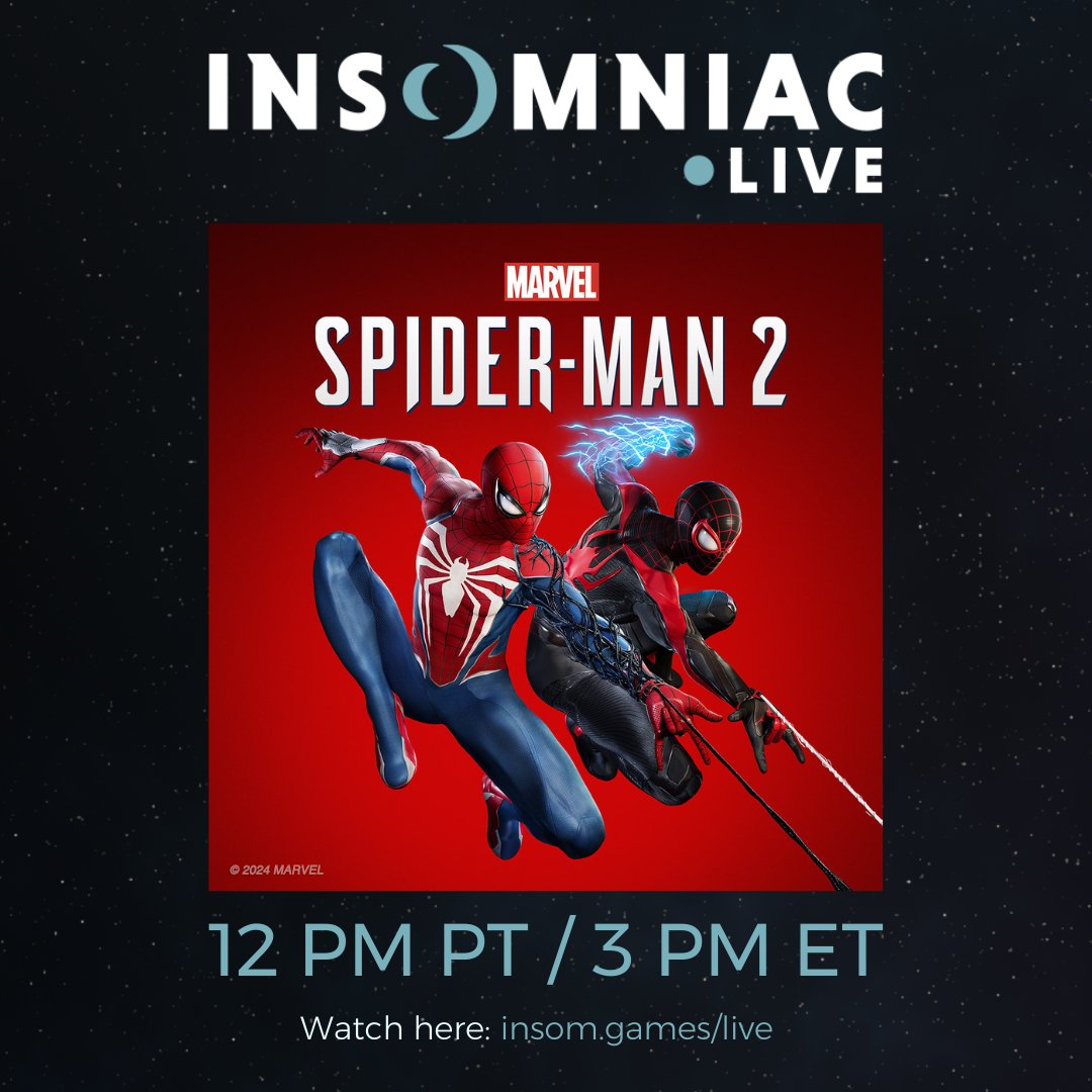 We're running through more Marvel's #SpiderMan2PS5 on Insomniac Live today at 12PM PT/3PM ET! Follow us on Twitch to get notified when we're live: insom.games/live