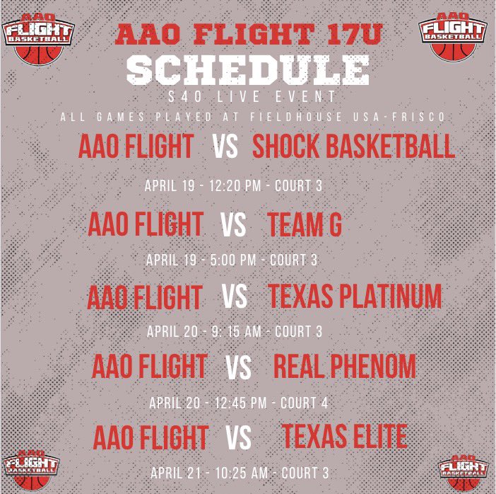 AAO Flight Girls Basketball (@flightaaogbb) on Twitter photo 17U AAO Flight Schedule
📍 Heart of Texas (Frisco Field-House)
🗓️ April 19-21
Live Event #1: <a href="/SelectEventsBB/">Select Events Basketball</a>
#FlyWithUs 17U AAO Flight Schedule
📍 Heart of Texas (Frisco Field-House)
🗓️ April 19-21
Live Event #1: <a href="/SelectEventsBB/">Select Events Basketball</a>
#FlyWithUs