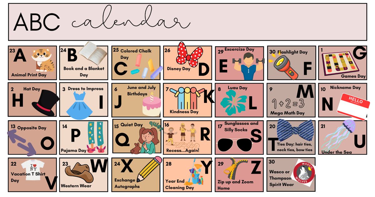 The ABC Challenge begins Tuesday, April 23! This is a way to continue to encourage and celebrate learning as we wrap our year up. Each day is a theme related to a letter of the alphabet. The theme may be an activity, a focus for the day, or a dress-up day. Participation optional.