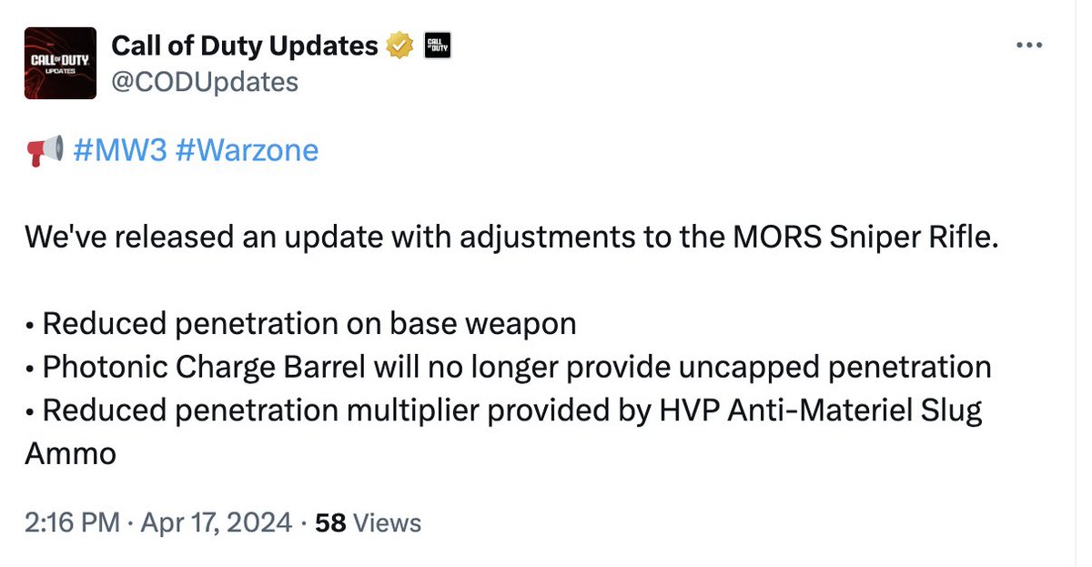 MORS Sniper Rifle has been nerfed in Warzone and MW3