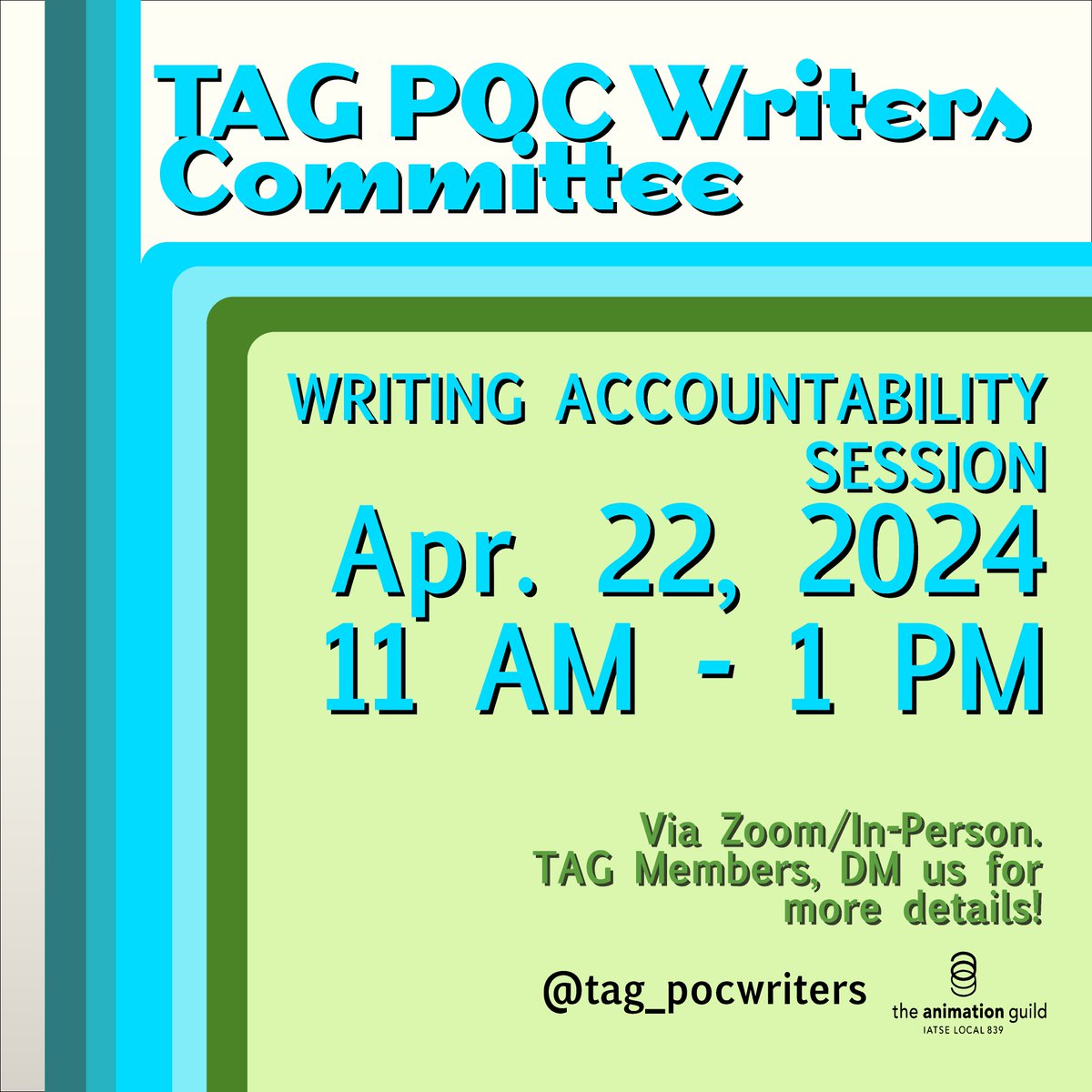 Writers of color in @tag_writers, we’re having our seventh Zoom writing accountability session with writing sprints on ***Monday, April 22nd at 11am PT.*** Come join us! #Animation #Writers #TAG