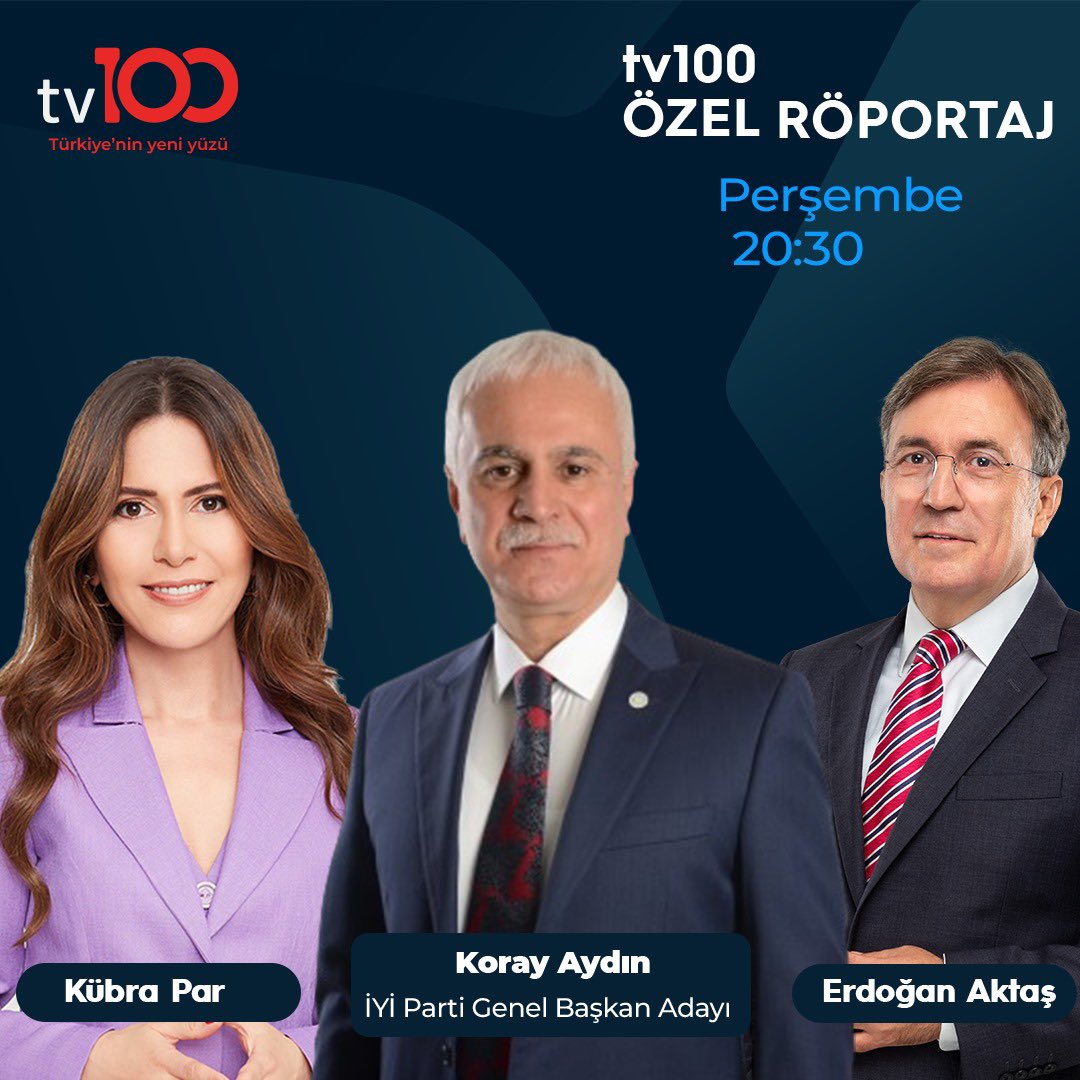İYİ Parti’nin olağanüstü kurultayında Genel Başkan adayı olacağını açıklayan Koray Aydın ilk kez yarın akşam programımıza konuk olacak.

Perşembe 20:30’da <a href="/tv100/">TV100</a> <a href="/korayaydintr/">Koray Aydın</a> <a href="/aktaserdogan/">Erdogan Aktas</a>