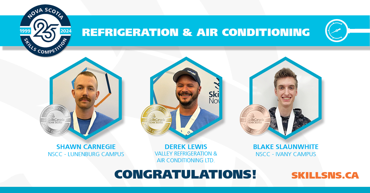 Congratulations to the winners of the Refrigeration and Air Conditioning event at the 2024 Nova Scotia Skills Competition!

#2024NSSkillsCompetition #SkilledTrades #Technology #NovaScotia #Refrigeration #AirConditioning @NSCCIvany @ValleyRefrige @NSCC_Lunenburg @NSCCNews