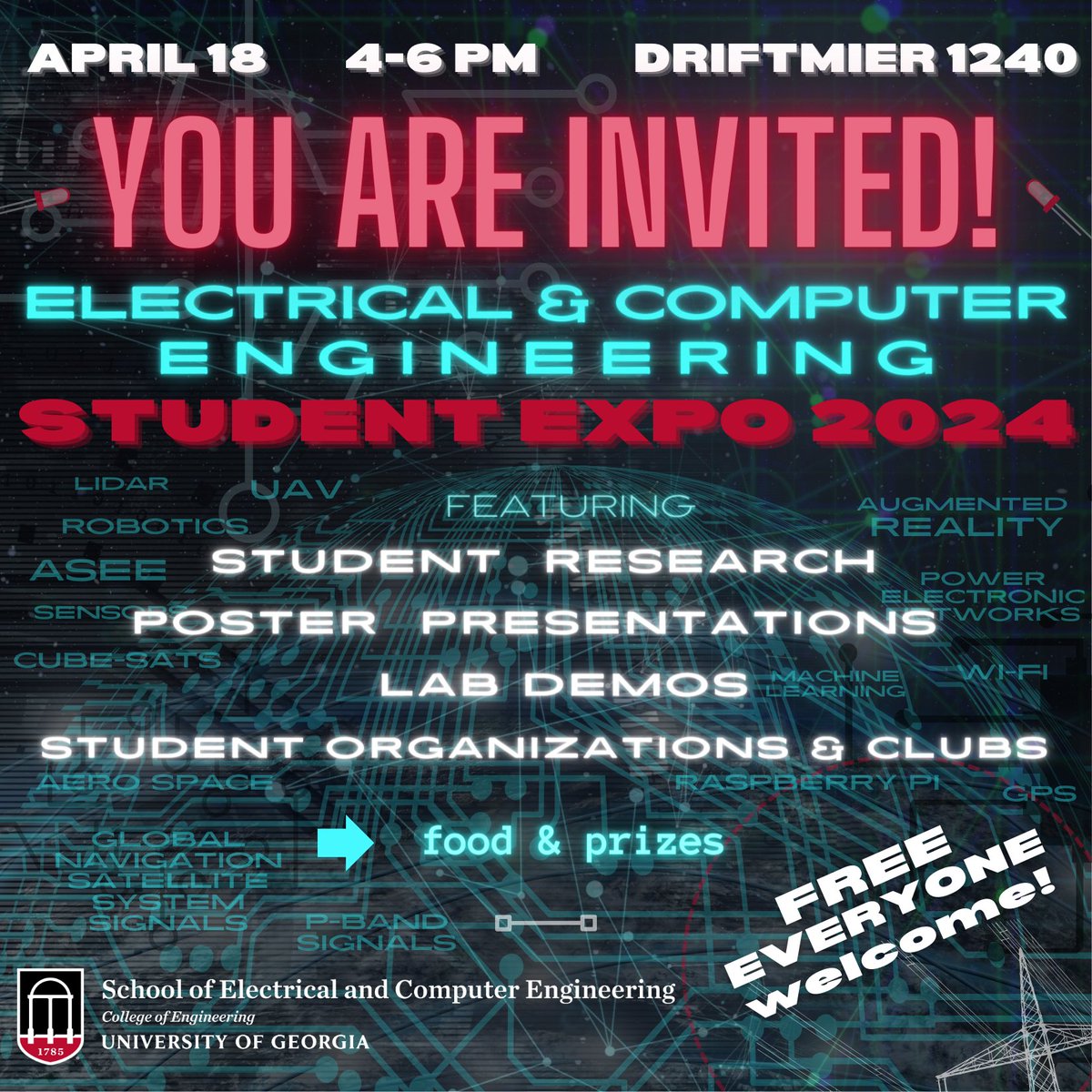 The School of Electrical and Computer Engineering is hosting our second Student Research and Activities Expo tomorrow, April 18, from 4-6 pm in 1240 Driftmier Engineering. Everyone is invited to attend!
