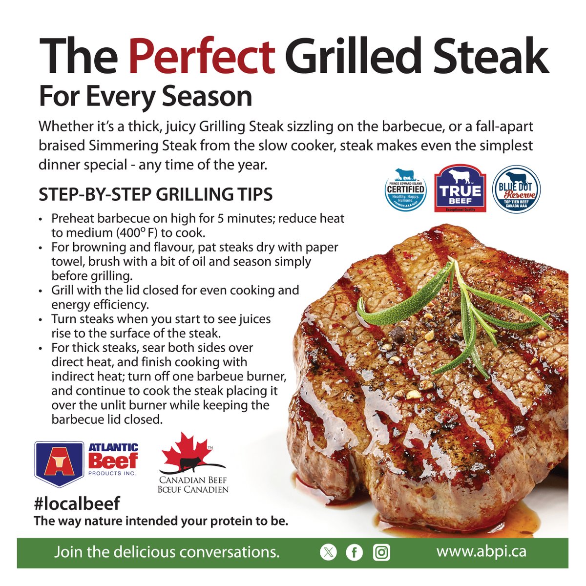 Steak makes even the simplest dinner special - any time of the year. #LocalBeef for Every Season. abpi.ca #PEIBeef #IslandBeef #SustainableBeef #SafeBeef #Protein #LocalBeef #HealthyBeef #BrainHealth #PEIBeef #IslandBeef #SustainableBeef #SafeBeef #Protein