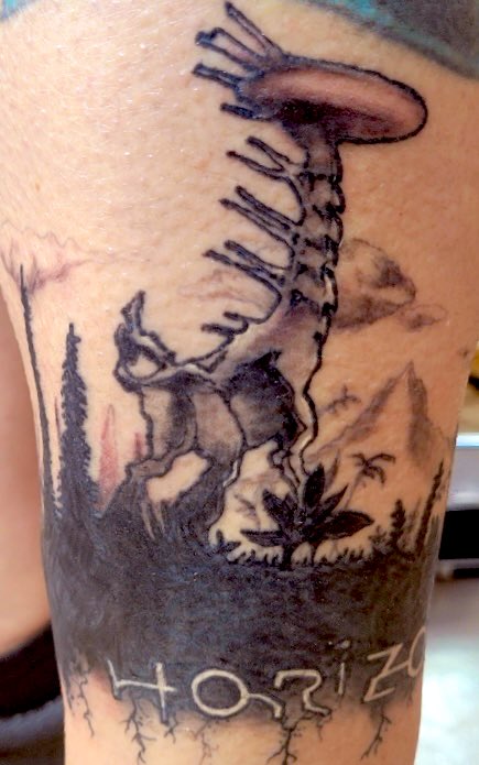 mikerocks247's tweet image. Phase one of my #HorizonZeroDawn calf tattoo is complete. For now we have #Aloy my buddy #Sawtooth and of course #Tallneck - we went back and added to his head cuz it needed a little something. #HorizonForbiddenWest #HZD #HFW @Guerrilla