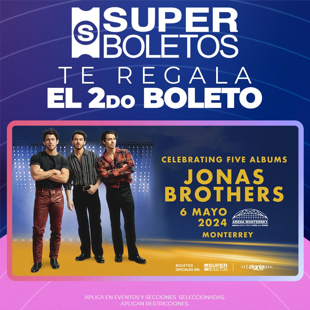 ¡Los Jonas Brothers llegan a la #ArenaMonterrey este 06 de mayo! Compra un boleto y obtén el 2do gratis en 'PROMOCIONES Y DESCUENTOS' sobre el método de pago 🎟️#SuperBoletosInvita Zonas disponibles: Cancha general, Cancha VIP, Balcón, Preferente Especial superboletos.com/landing-evento…