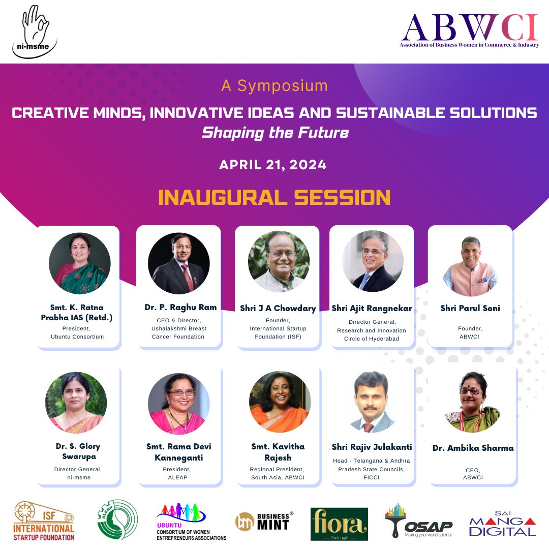 Meet the esteemed thought leaders who will be sharing their insights at the inaugural session of the Symposium,'Creative Minds, Innovative Ideas and Sustainable Solutions-Shaping the Future'. 🤝✨ 📢 April 21, 2024 📍 Hyderabad, Telangana, India Stay tuned for more updates 🌟