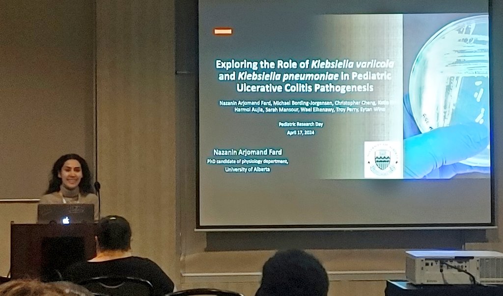 📢 fantastic talk today by @eytan_wine PhD trainee Nazanin discussing her ongoing work on #IBD #microbiome and #biofilms at this years @UAlberta_FoMD pediatric research day!