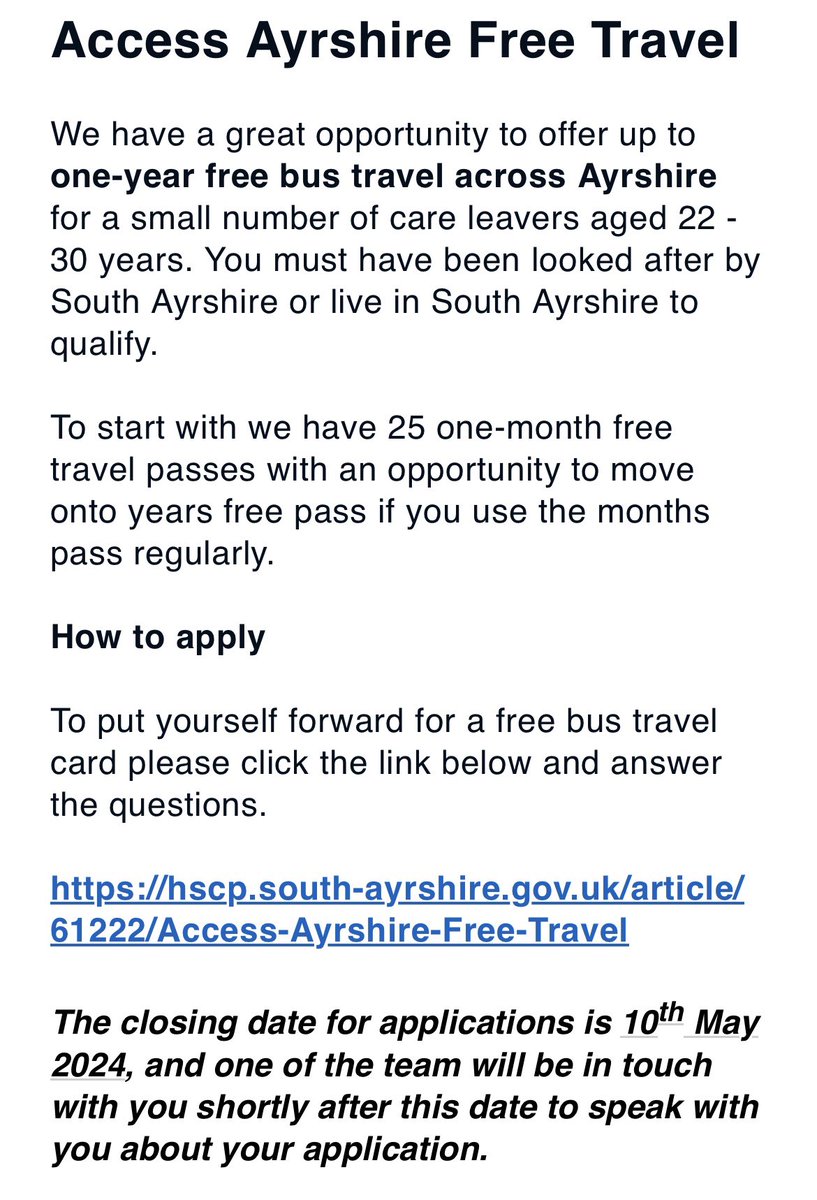 Great opportunity for care leavers age 22-30 for a free bus pass across Ayrshire 🚌🎟️ hscp.south-ayrshire.gov.uk/article/61222/…
