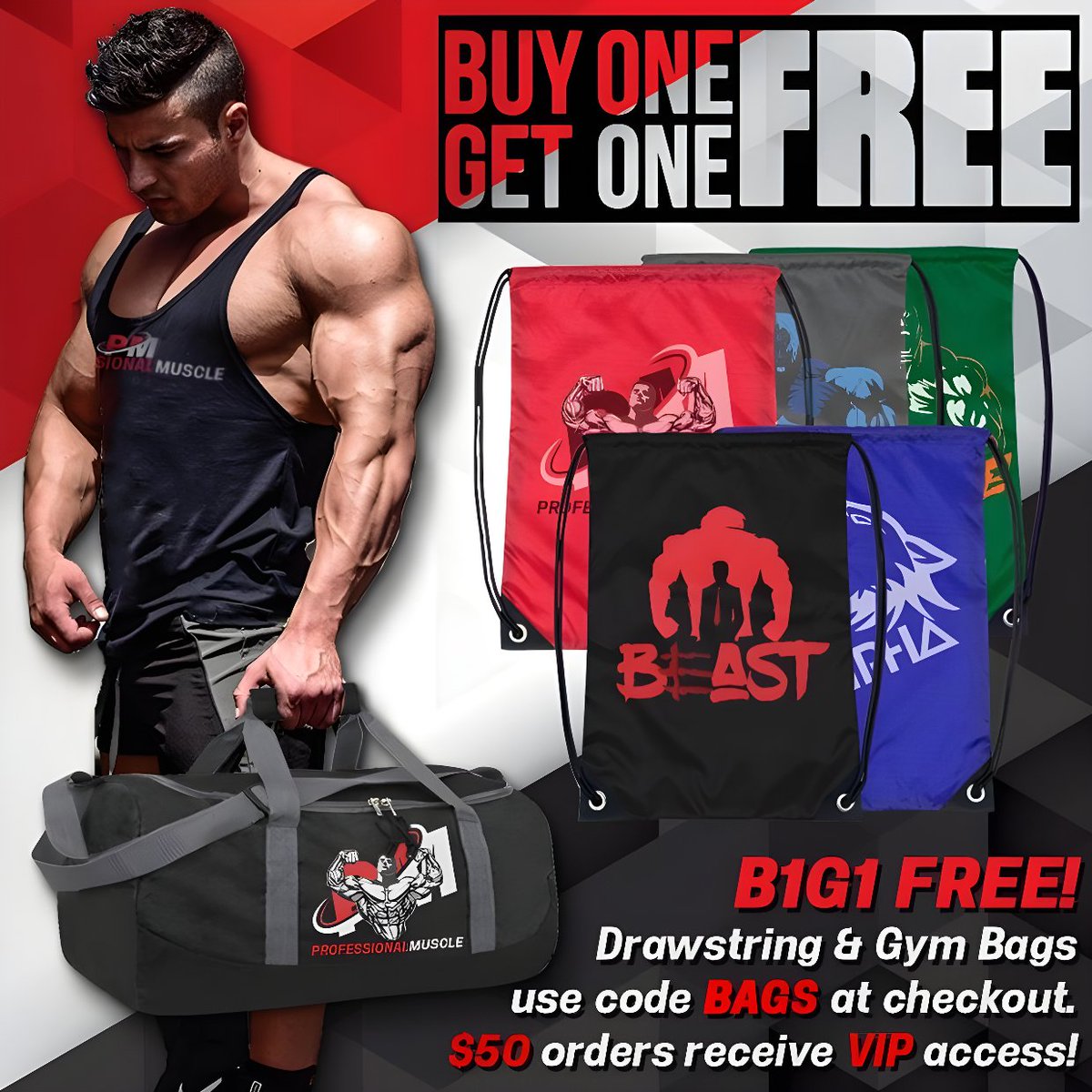 B1G1 FREE on the Personalized Drawstring and Gym Bags!!! Use code BAGS at checkout!
professionalmusclestore.com/search?q=BAGS
##supplements #ripped #muscle #bodybuilding #pump #training #strong #gymlife #gym #workout #fitness #squat #gains #shredded #ifbb #instafit #sale