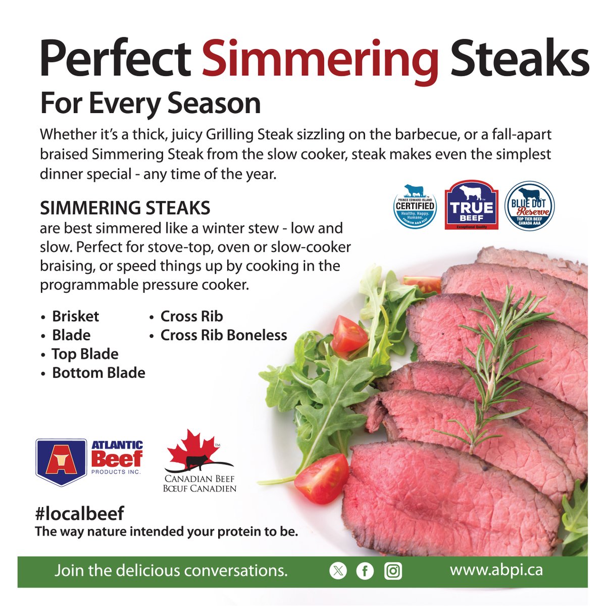 Steak makes even the simplest dinner special - any time of the year. #LocalBeef for Every Season. abpi.ca #PEIBeef #IslandBeef #SustainableBeef #SafeBeef #Protein #LocalBeef #HealthyBeef #BrainHealth #PEIBeef #IslandBeef #SustainableBeef #SafeBeef #Protein