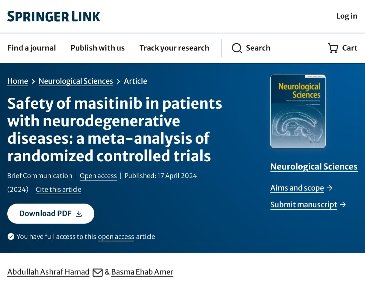 Safety of masitinib in patients with neurodegenerative diseases

Our latest publication in Neurological Sciences 

doi.org/10.1007/s10072…

#Masitinib #Neurology #ALS #Neurodegeneration