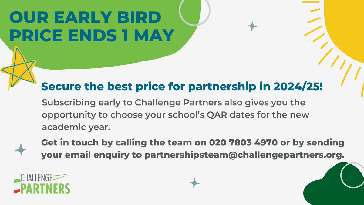 Secure the best price for partnership in 2024/25! Subscribing early to #ChallengePartners also gives you the opportunity to choose your school’s QAR dates for the new academic year. Get in touch by calling the team on 020 7803 4970 or by sending your email enquiry to…