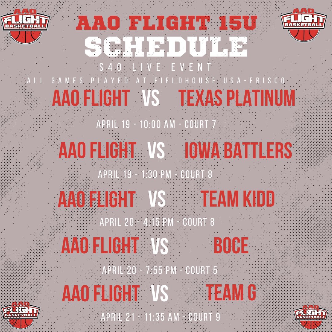AAO Flight Girls Basketball (@flightaaogbb) on Twitter photo 15U AAO Flight Schedule
📍 Heart of Texas (Frisco Field-House)
🗓️ April 19-21
Live Event #1: <a href="/SelectEventsBB/">Select Events Basketball</a>
#FlyWithUs 15U AAO Flight Schedule
📍 Heart of Texas (Frisco Field-House)
🗓️ April 19-21
Live Event #1: <a href="/SelectEventsBB/">Select Events Basketball</a>
#FlyWithUs