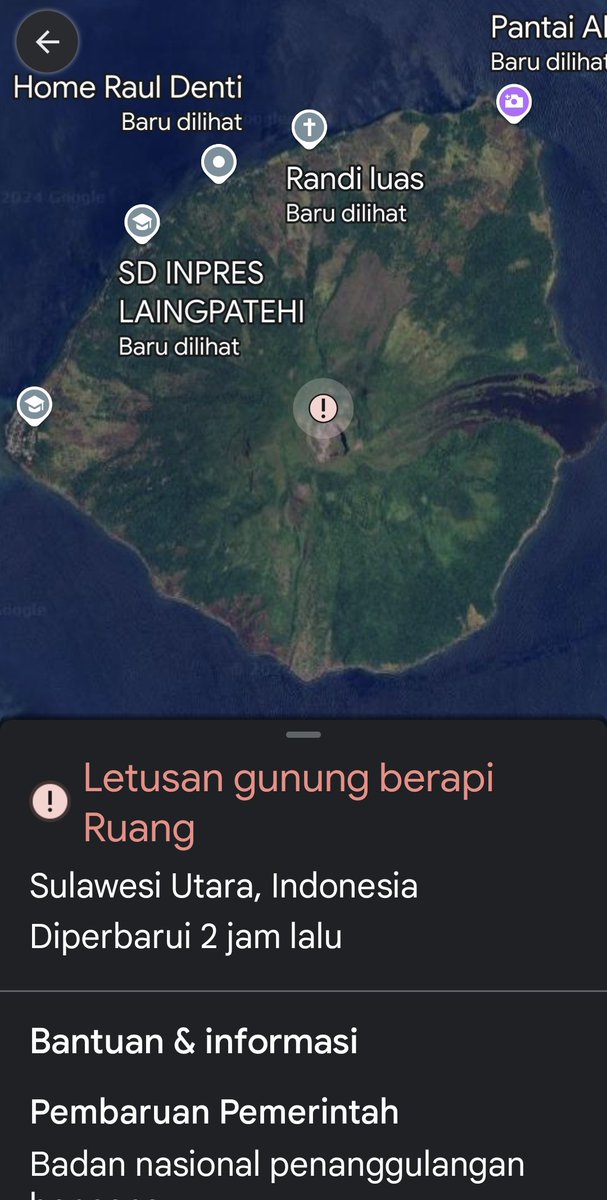 Google Maps juga memberikan notifikasi Erupsi Gunung Api RUANG Sulawesi Utara Indonesia.
@Google @googleindonesia @GoogleCR