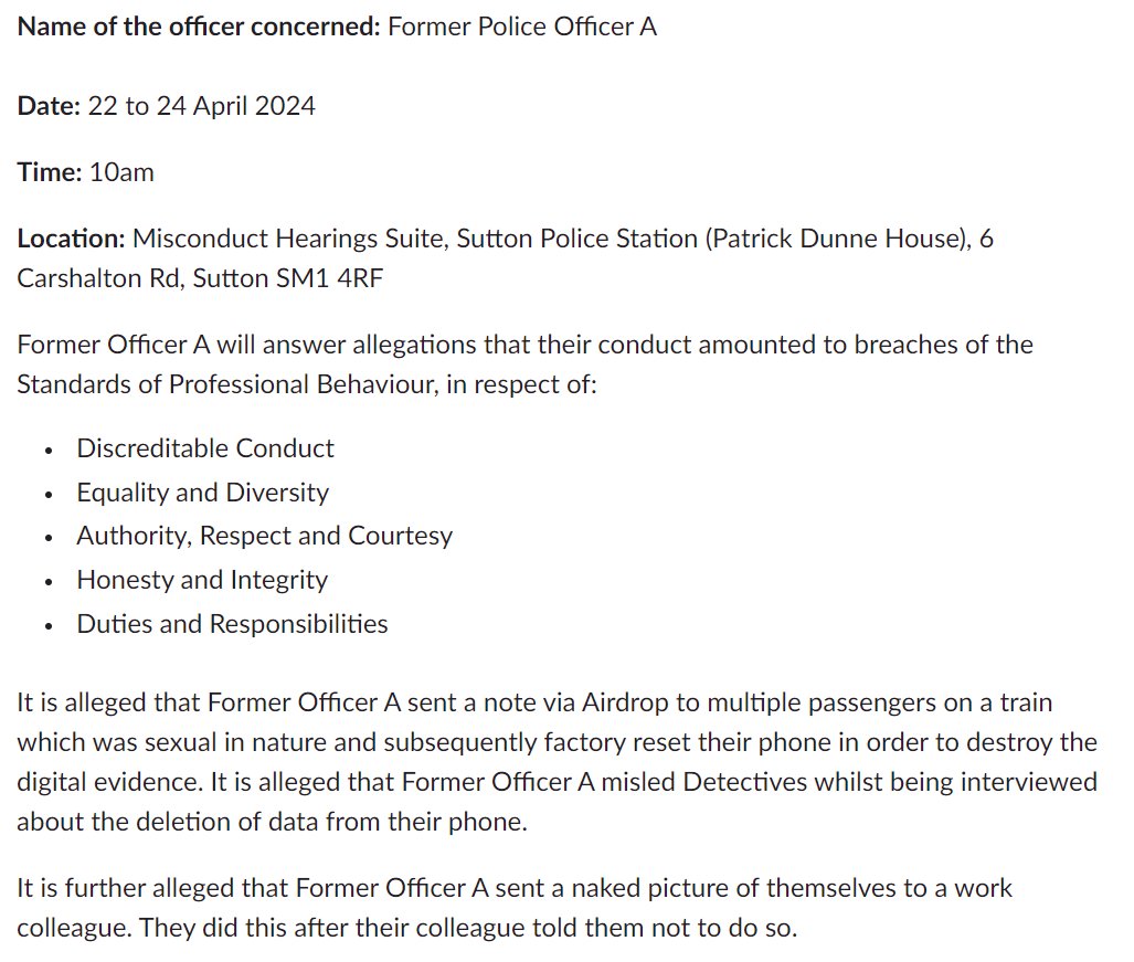 Anonymity for police officers at misconduct hearings. Sometimes it's a mystery a) Officer (presumably) named when publicly convicted of sexual activity with an 8yo girl. Yet not named when he gets the sack b) Anonymity for officer accused of cyber-flashing & destroying evidence