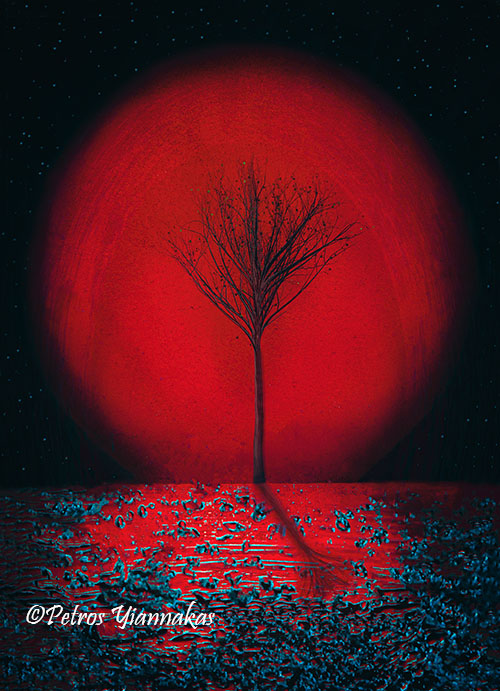 Lunar Crimson Sentinel A solitary tree stands in the foreground against a red and dark blue backdrop. The scene appears to be set at night, with a large red moon or sun looming in the background, and stars dotting the dark sky. #luna #moon #abstractart fineartamerica.com/featured/lunar…