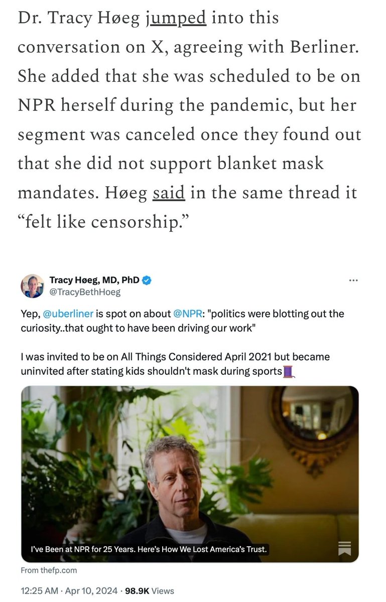 @honestmedia_ @Rfk4POTUS @NPR @uberliner @sayerjigmi @teacher_choice @standforhealth1 @TracyBethHoeg @mtaibbi NPR could have chosen reporting grounded in primary documents and brave speech (a good DNA for truth). Instead, they chose willful ignorance, censorship, and a tribal narrative. No surprise, they're in a state of collapse. #HonestMedia #NPR twitter.com/DrJBhattachary…