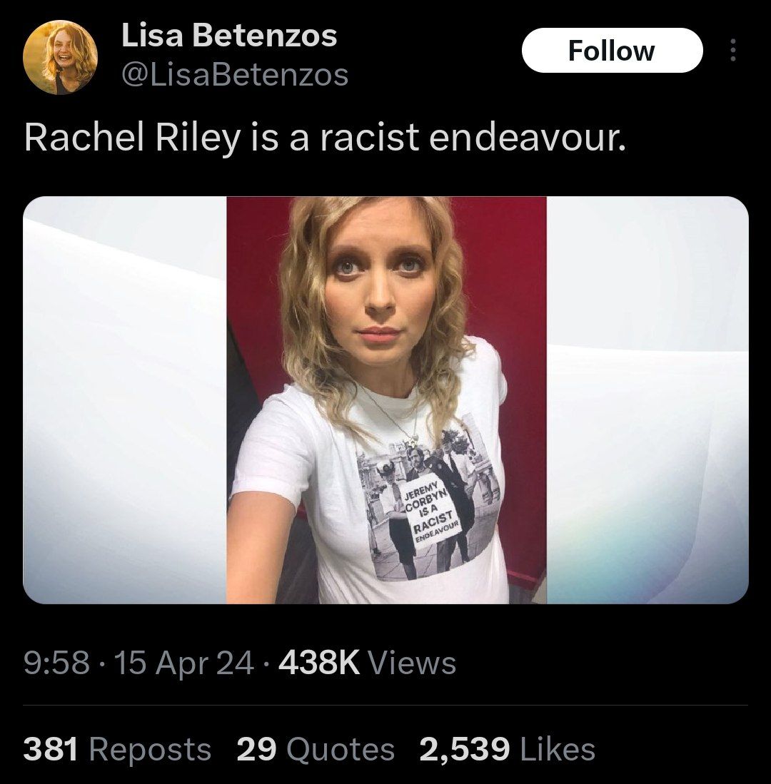 Leftist discourse: Jeremy Corbyn holds a sign calling Israel racist, Jewish activist wears a t shirt calling Jeremy Corbyn racist for calling Israel racist, another leftist calls her racist