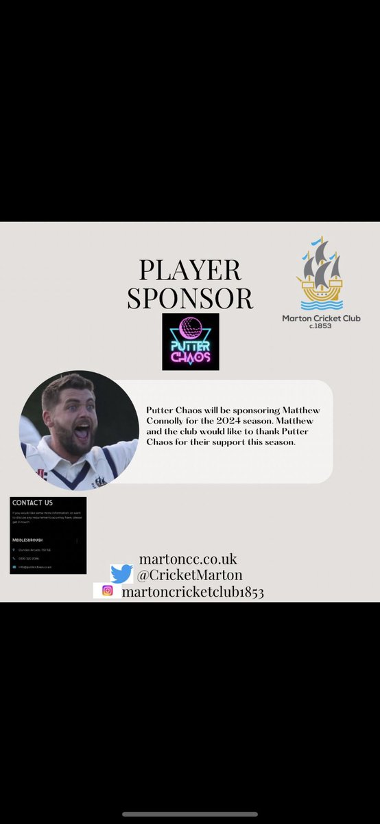 🚨Sponsorship🚨 Another one in…@MattyConnolly14 is kindly sponsored for another season by Putter Chaos! Matty and the club would like to thank everyone at Putter Chaos for their continued support! 🏏#UTM