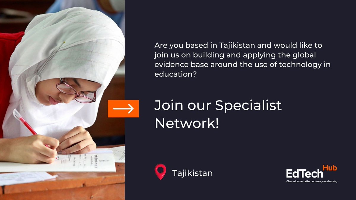 EdTech Hub is seeking technical experts to join our network in Tajikistan. As part of the #SpecialistNetwork, you'll contribute to our mission of building & applying evidence-based practices in #EdTech. Apply today, be a part of our #GlobalOpportunity - edtechhub.org/jobs/#Tajikist…