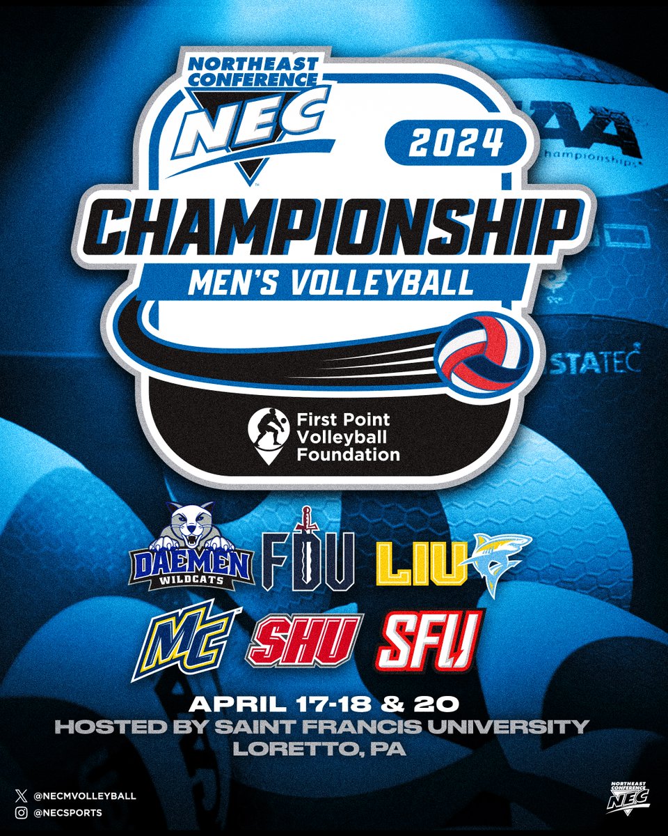 The @NECmvolleyball Championship has arrived‼️

1️⃣@RedFlashMVB 
2️⃣@DaemenMVB 
3️⃣@LIUMVolleyball 
4️⃣@FDUKnightsMVB 
5️⃣@MerrimackMVB 
6️⃣@SacredHeart_MVB

Check out #𝗡𝗘𝗖𝗠𝗩𝗕 𝗖𝗛𝗔𝗠𝗣𝗦 𝗛𝗤 for schedules, streaming links, results, recaps & more 👇
🔗: northeastconference.org/tournaments/?i…