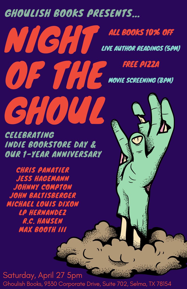 Come join us at GHOULISH BOOKS on Saturday, April 27 to celebrate both Independent Bookstore Day and our retail shop's one-year anniversary. Discounted books, author readings, free pizza, & a secret movie screening. What more could a ghoul want?