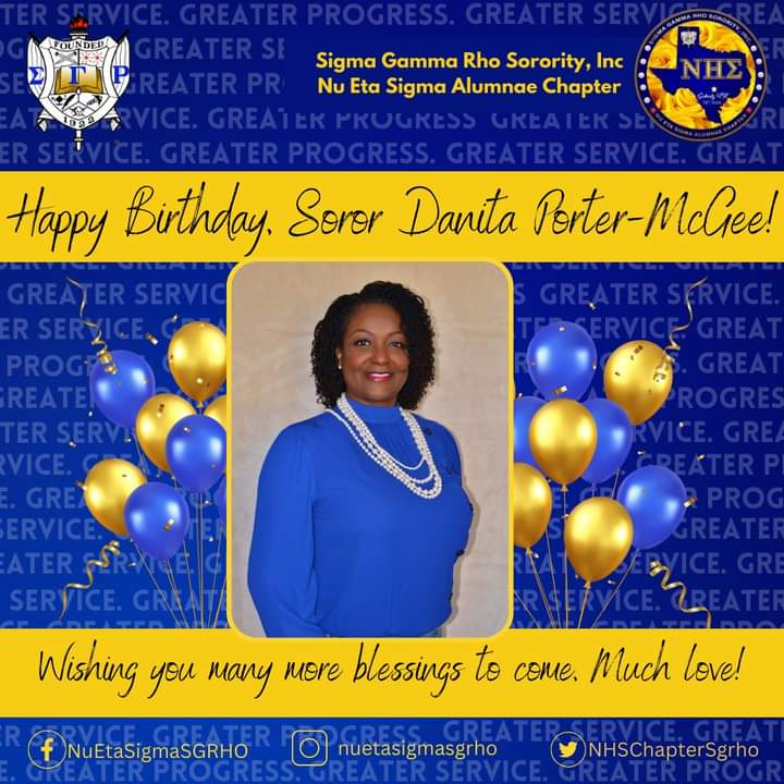 Happy birthday, Soror Danita Porter-McGee!!! We wish her many more blessings to come. Enjoy your special day! Much love!💙💛 #SigmaGammaRho #SGRHO #SigmaSWR #NeverUnderEstimatedNHΣPoodles #PuttingSchertzOnTheMap