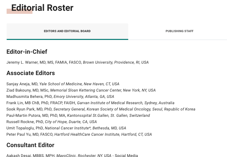 I am absolutely thrilled to be joining the editorial team at @JCOCCI_ASCO for a 5-year term as an Associate Editor. I cannot think of a better team to work with! @SanjayAnejaMD @MBeheraPhD @rrockne @umtopaloglu @ADesaiMD Consider sending us your clinical informatics papers!