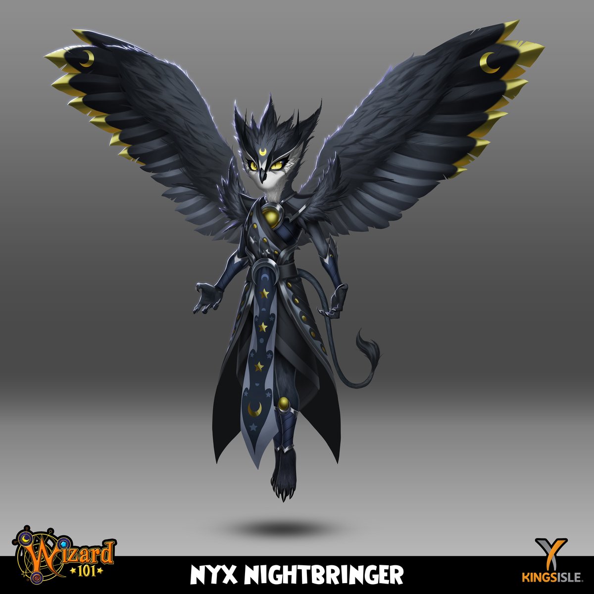 Nyx Nightbringer, easily my favorite character to have designed for the new Lost Library Gauntlet. She's a scary owl gryphon with tons of astral motifs on her clothing, like the moon phases and the tides on her skirts, & crescents and stars everywhere. @Wizard101 #wizard101