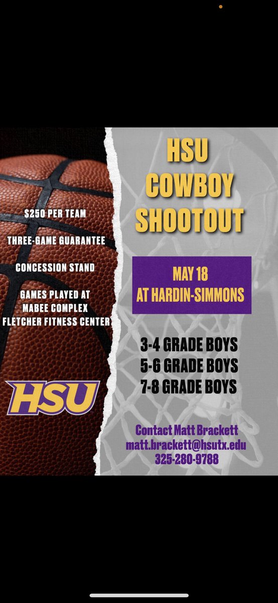 We are☝️ month away from our Youth 🏀Shootout at Hardin-Simmons University‼️Spots are filling fast, so get signed up today! For more information contact: Coach Brackett ☎️ 325-280-9788 📧 matt.brackett@hsutx.edu