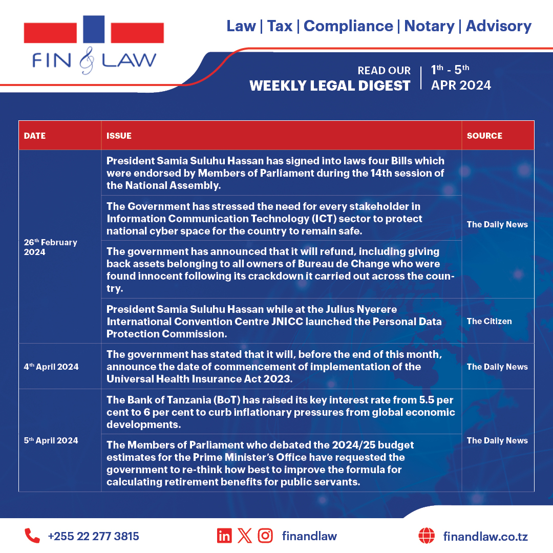 FIN & LAW Weekly Legal Digest -Week 14 of 2024: 01 to 05 April 2024. Tanzania Weekly Legal Update. Remain informed and updated #legalupdates #weeklylegaldigest #finandlaw #tanzania
